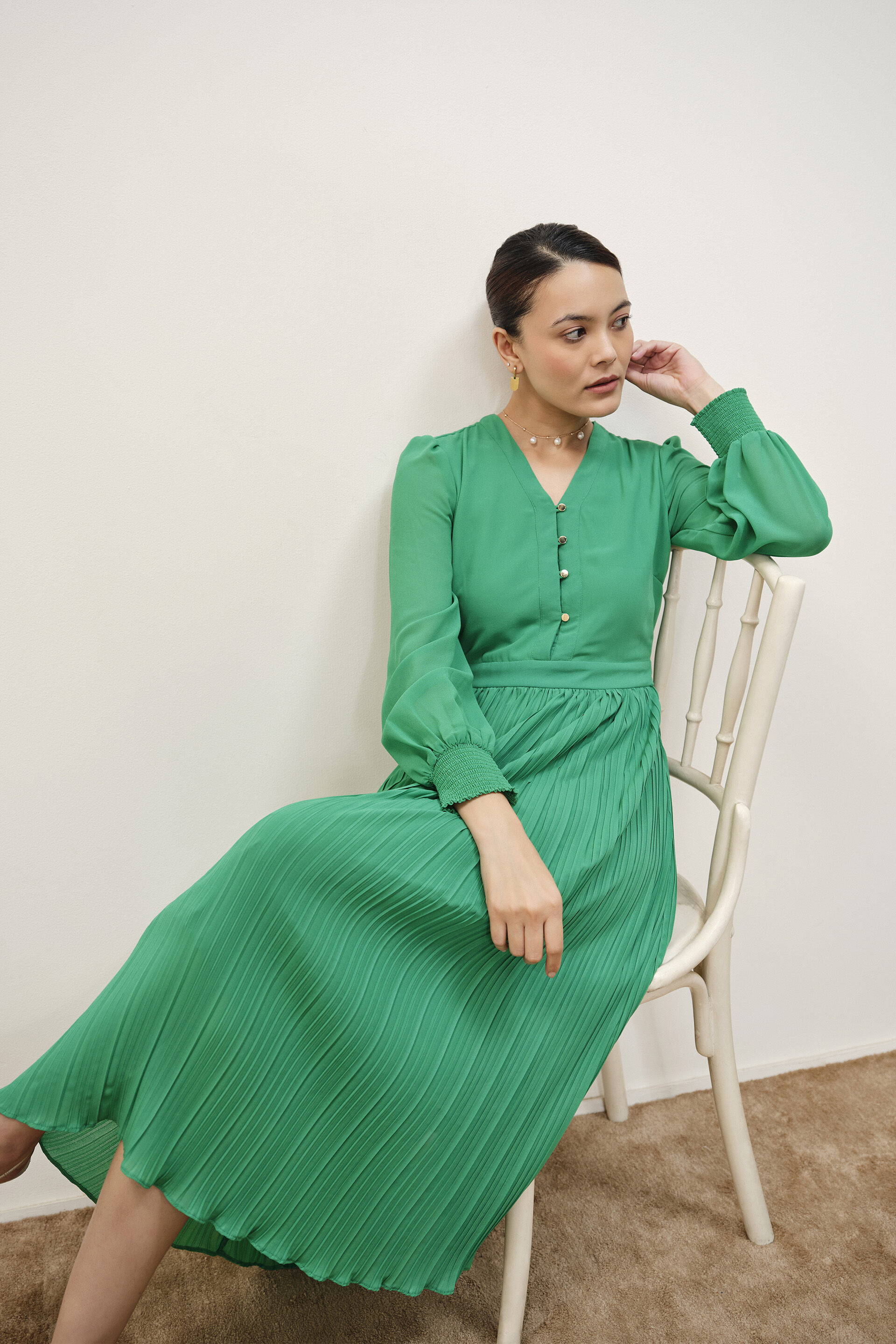 Gloria Green Pleated Dress, Green, image 3